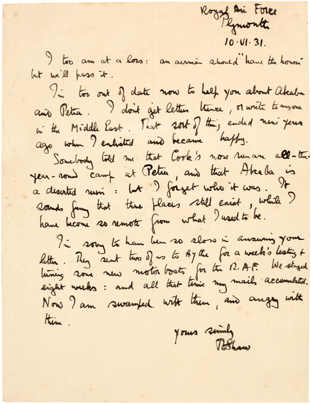 View full screen - View 1 of Lot 77. T. E. Lawrence | Autograph letter signed, 10 June 1931.
