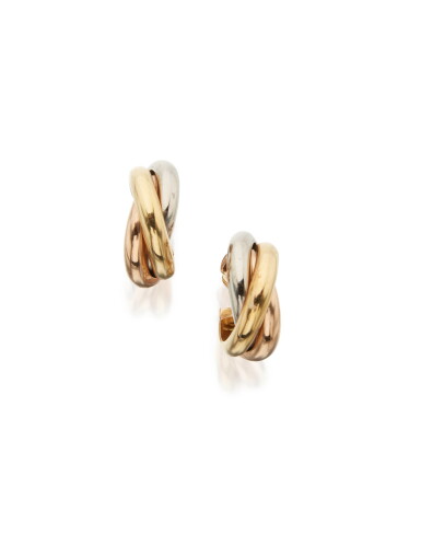View full screen - View 1 of Lot 60. THREE-COLOR GOLD 'TRINITY' EARCLIPS, CARTIER, FRANCE.