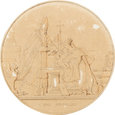 View full screen - View 1 of Lot 855. Design for a medallion commemorating the birth of the Duc de Bordeaux | Projet de médaillon pour la commémoration de la naissance du duc de Bordeaux.