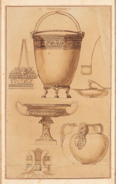 View full screen - View 1 of Lot 377. Probably Italian, 19th century, A group of four framed drawings depicting various Antique silver objects | Gruppe von vier gerahmten Zeichnungen von antiken Silberobjekten, in Tinte und Tusche auf Papier, wohl Italien, 19. Jh..
