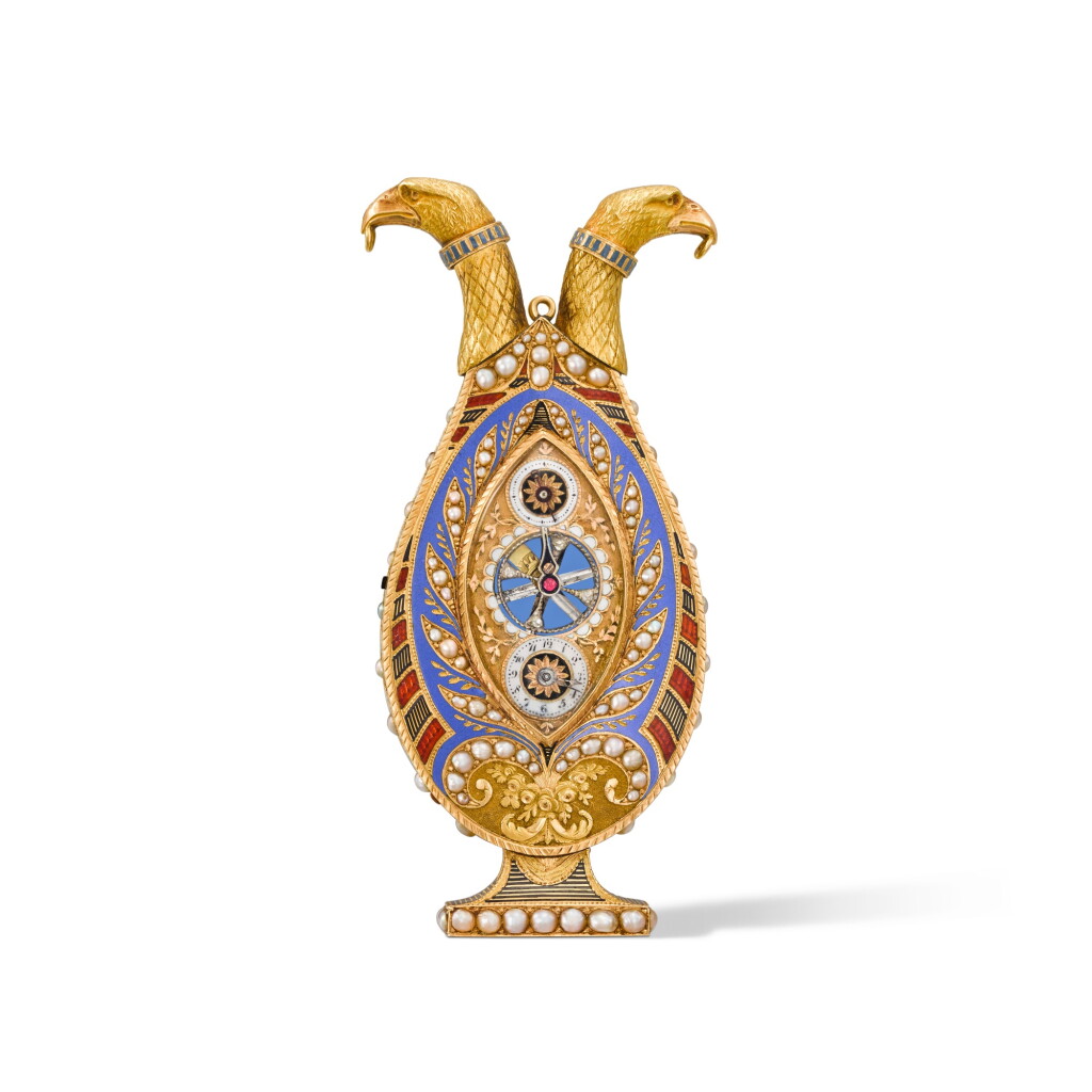 View full screen - View 1 of Lot 1325. A very rare and fine gold, enamel and pearl-set double scent flask in the form of an urn capped by twin eagles' head stoppers, with watch and visible balance made for the Chinese market Circa 1800.