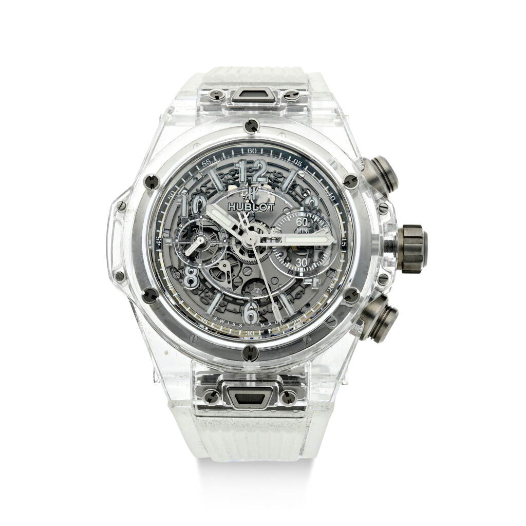 View full screen - View 1 of Lot 189. BIG BANG UNICO SAPPHIRE A LIMITED EDITION SAPPHIRE SKELETONIZED FLYBACK CHRONOGRAPH WRISTWATCH, CIRCA 2016.