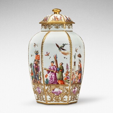 View full screen - View 1 of Lot 80. A Meissen Augustus Rex hexagonal vase and cover, Circa 1730-35 .