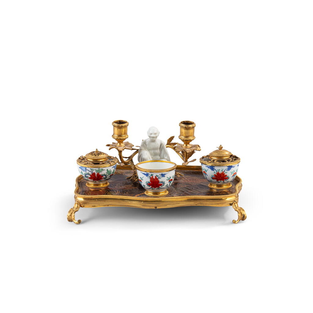 View full screen - View 1 of Lot 337. A Louis xv gilt-bronze mounted Chinese lacquer and Chinese porcelain inkstand, circa 1750.