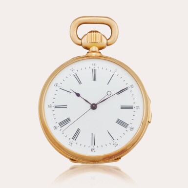 View full screen - View 1 of Lot 420. A rare pink gold open-faced two-train keyless quarter repeating watch with independent seconds, No. 54910, Circa 1880.