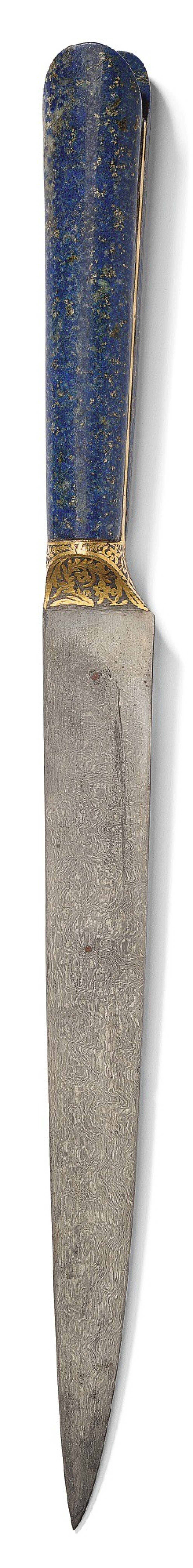 View full screen - View 1 of Lot 229. A WATERED-STEEL DAGGER (KARD) WITH LAPIS-LAZULI HILT, PERSIA, SAFAVID, 18TH CENTURY.