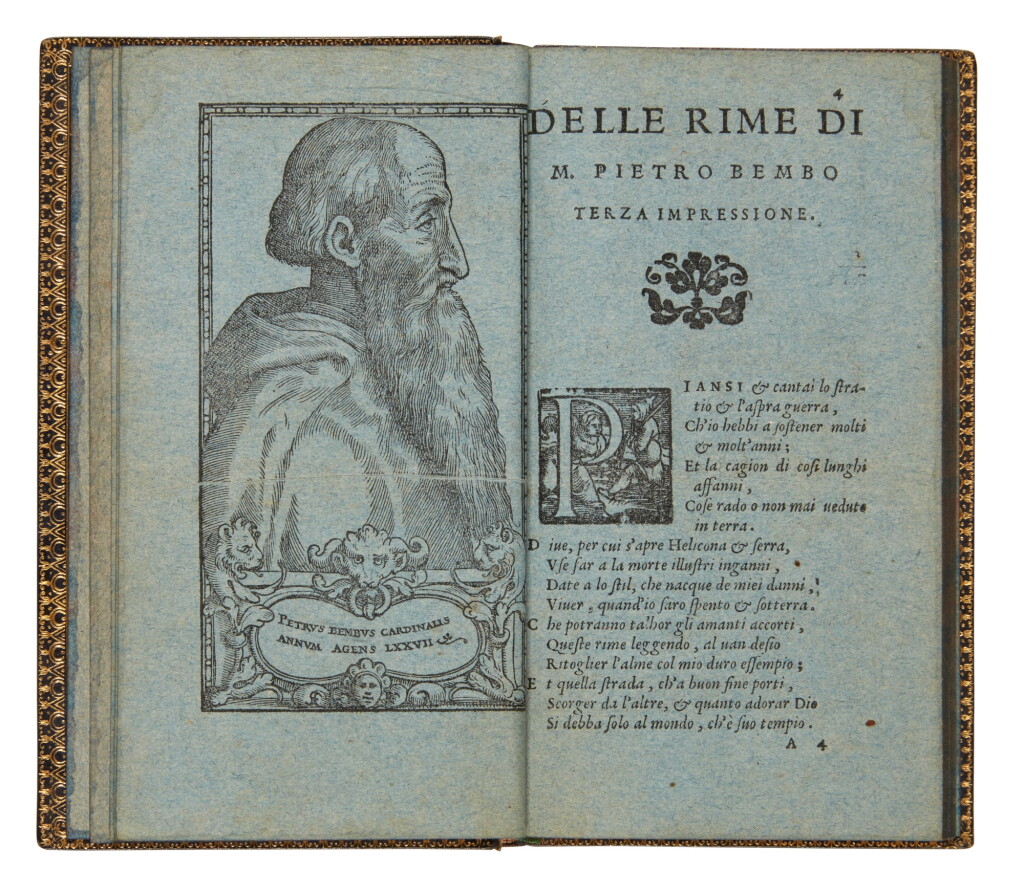 View full screen - View 1 of Lot 1597. Bembo, Delle rime, Venice, 1548, nineteenth-century armorial blue morocco for the Marchese d'Adda, blue-paper copy.