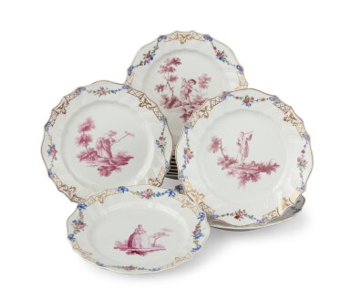 View full screen - View 1 of Lot 14. A part of a porcelain service probably from Tournai, decorated in The Hague, late 18th century | Partie de service en porcelaine probablement de Tournai, décoré à La Haye, fin du XVIIIe siècle.