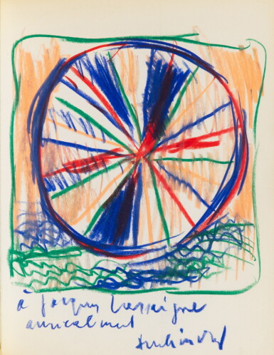 View full screen - View 1 of Lot 3. Roue libre. 1971. Beau dessin original aux pastels secs, avec envoi à Jacques Lassaigne..