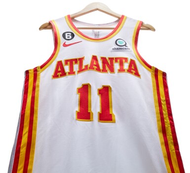 View full screen - View 1 of Lot 170. Trae Young Atlanta Hawks 2022-2023 Game Worn Association Edition Jersey | 42 Point Game.