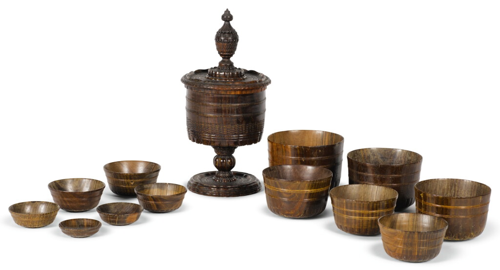 View full screen - View 1 of Lot 145. A ENGLISH TURNED LIGNUM VITAE STANDING CUP AND COVER, MID-17TH CENTURY.