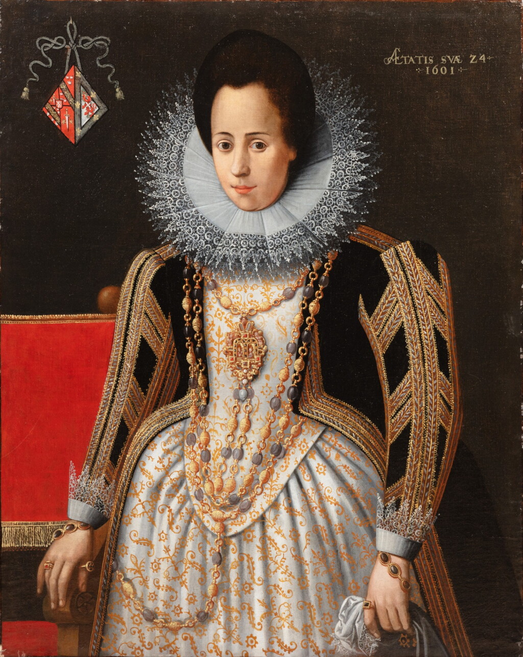 View full screen - View 1 of Lot 42. Prague School, beginning of the 17th century, Portrait of a woman aged 24 | Ecole de Prague du début du XVIIe siècle, Portrait d'une femme âgée de 24 ans .