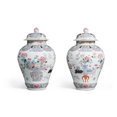 View full screen - View 1 of Lot 511. A Pair of Samson Chinese-Export Style Famille-Rose 'Flower Basket' Vases and Covers, Late 19th Century.