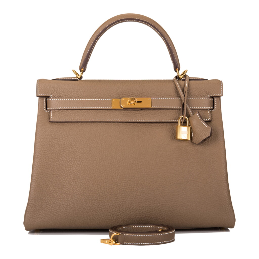 View full screen - View 1 of Lot 70. HERMÈS | ETOUPE RETOURNE KELLY 32CM OF TAURILLON CLEMENCE LEATHER WITH GOLD HARDWARE.