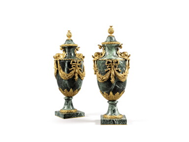 View full screen - View 1 of Lot 261. A pair of Louis XVI style gilt bronze mounted marble vases,.