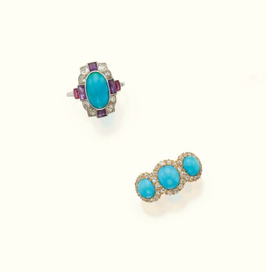 View full screen - View 1 of Lot 42. TWO JEWELED RINGS.