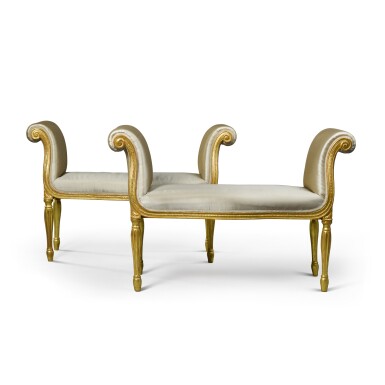 View full screen - View 1 of Lot 97. A pair of George III giltwood and upholstered window seats, circa 1770.