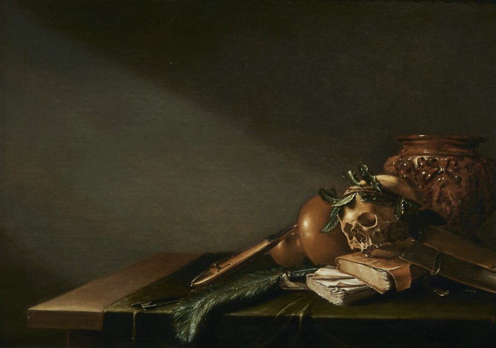View full screen - View 1 of Lot 222. ATTRIBUTED TO D. WITTING | VANITAS STILL LIFE WITH A SKULL, BOOKS, STRING INSTRUMENT AND PEACOCK FEATHER ON A TABLE.