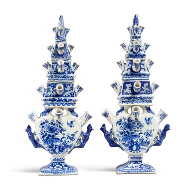 View full screen - View 1 of Lot 1006. A Pair of Dutch Delft Blue and White Sectional Flower Vases, Circa 1700.