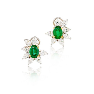 View full screen - View 1 of Lot 563. Pair of Emerald and Diamond Earrings | 蒂芙妮 | 祖母綠 配 鑽石 耳環一對.