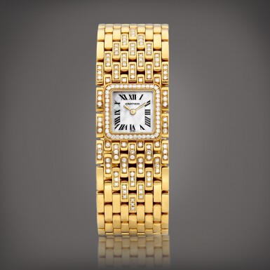 View full screen - View 1 of Lot 8827. Panthère, Reference 2428 | A yellow gold and diamond-set bracelet watch with mother-of-pearl dial, Circa 2000 | 卡地亞 | Panthère 型號2428 | 黃金鑲鑽石鏈帶腕錶,備珠母貝錶盤,約2000年製.