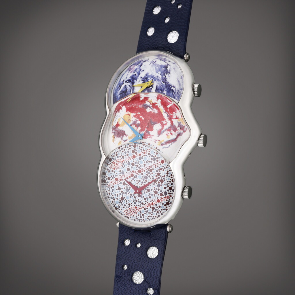 View full screen - View 1 of Lot 517. Reference 90.15.980 Artist's Series 'Elapse, Eclipse, Ellipse' by James Rosenquist | A sterling silver wristwatch with three dials, Circa 1991.
