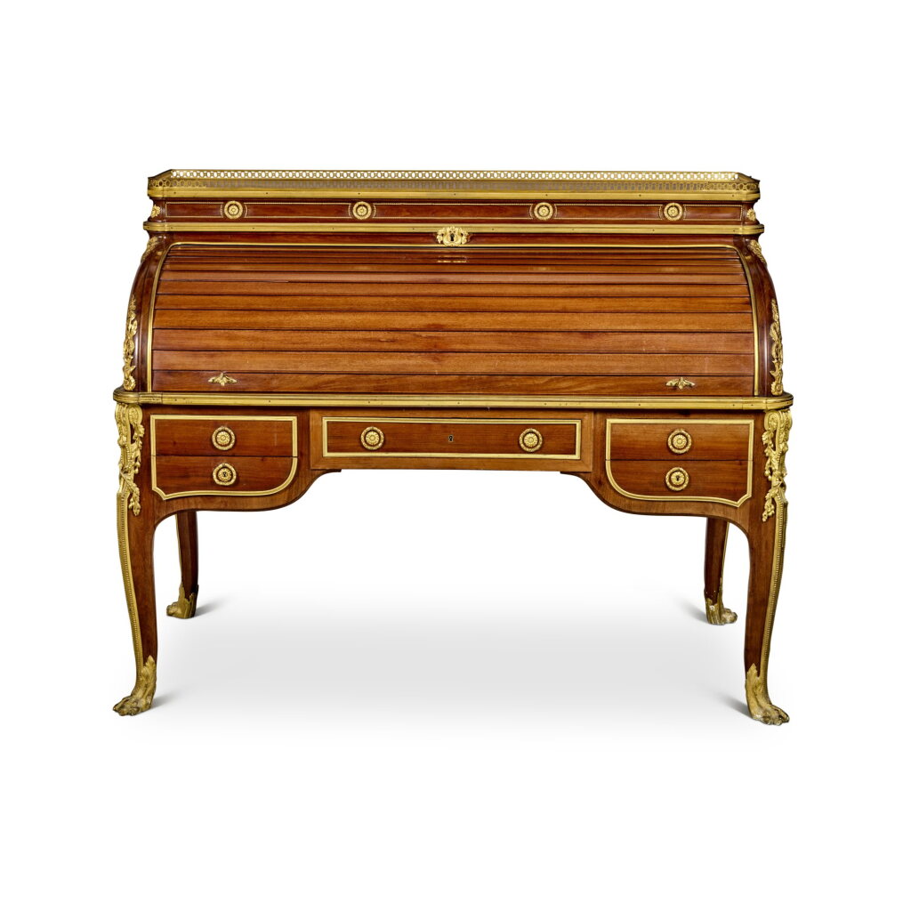 View full screen - View 1 of Lot 141. A Louis XV/XVI Transitional Style Gilt-Bronze Mounted Mahogany Cylinder Desk, Stamped G. Durand, after the Model by Jean-Francois Oeben, Circa 1880.
