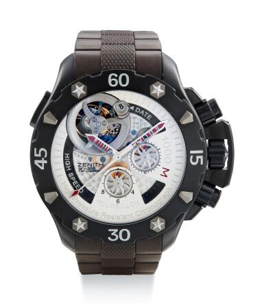 View full screen - View 1 of Lot 8021. ZENITH | EL PRIMERO DEFY XTREME TOURBILLON, REFERENCE 96.0525.4035, A PVD-COATED TITANIUM SEMI-SKELETONIZED TOURBILLON CHRONOGRAPH WRISTWATCH, CIRCA 2010.
