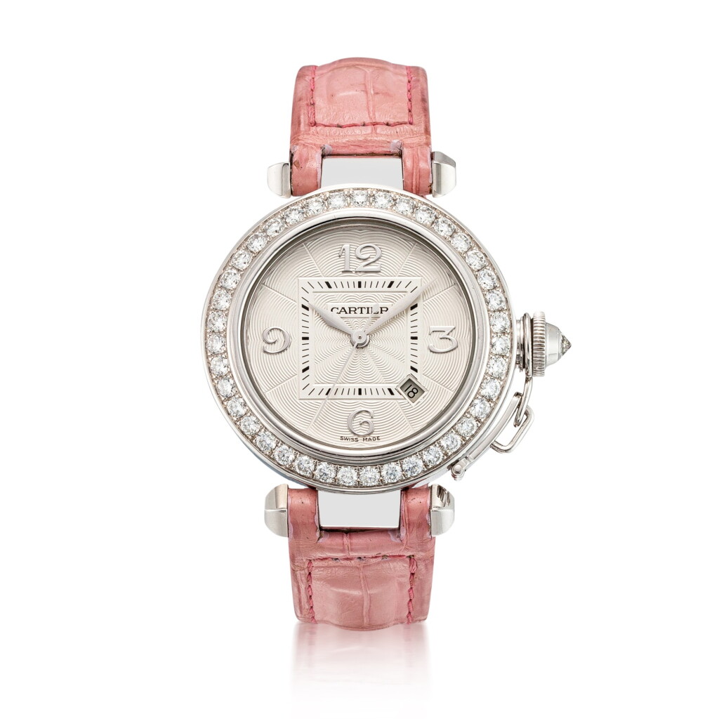 View full screen - View 1 of Lot 8109. Cartier | Pasha de Cartier, Reference 2398, A white gold and diamond-set wristwatch with date, Circa 2000 | 卡地亞 | Pasha De Cartier 型號2398 白金鑲鑽石腕錶,備日期顯示,約2000年製.