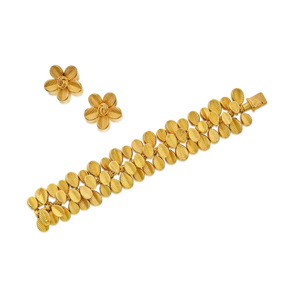 View full screen - View 1 of Lot 1. Gold 'Coffee Bean' Bracelet and Pair of Earclips, France.