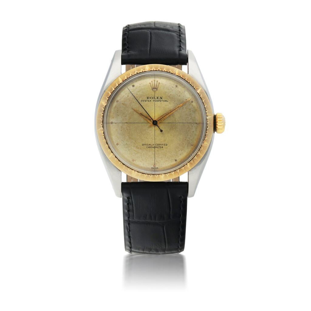 View full screen - View 1 of Lot 409. ROLEX | ZEPHYR, REF 6582, STAINLESS STEEL AND YELLOW GOLD WRISTWATCH WITH CROSSHAIR DIAL CIRCA 1957.