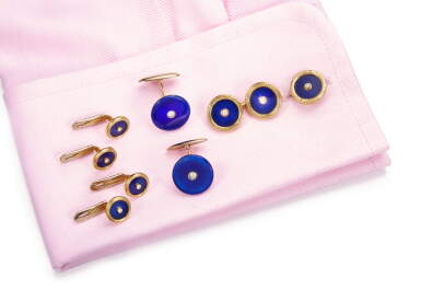 View full screen - View 1 of Lot 1045. ENAMEL AND DIAMOND CUFFLINKS AND A DRESS SET.