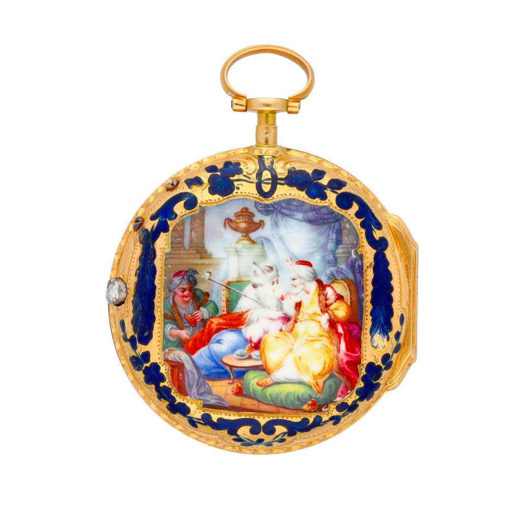 View full screen - View 1 of Lot 143. A gold, enamel and diamond-set verge watch Circa 1775, no. 1974.