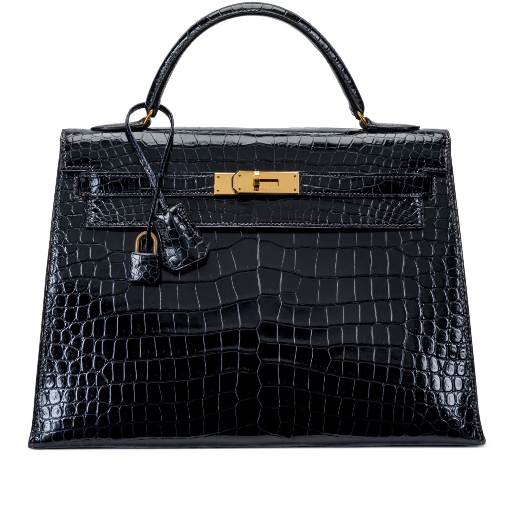 View full screen - View 1 of Lot 220. Vintage Bleu Marine Shiny Porosus Crocodile Kelly 32 Sellier Gold Hardware, 1985.