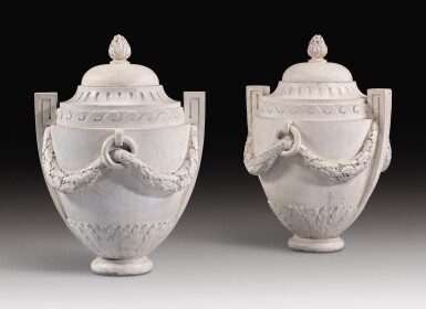 View full screen - View 1 of Lot 75. A PAIR OF LOUIS XV "GOÛT GREC" CARVED WHITE MARBLE VASES CIRCA 1760, IN THE MANNER OF JOSEPH-MARIE VIEN.