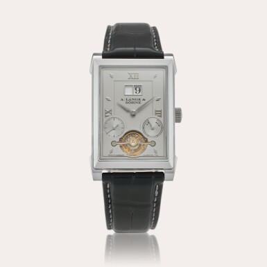 View full screen - View 1 of Lot 117. Reference 703.025F Cabaret Tourbillon | A platinum rectangular semi-skeletonized tourbillon wristwatch with digital date display and power reserve indication, Circa 2010.