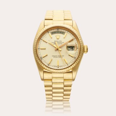 View full screen - View 1 of Lot 309. Reference 18038 Day-Date | A yellow gold automatic wristwatch with day, date, and bracelet, Circa 1978.