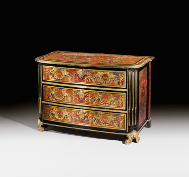 View full screen - View 1 of Lot 27. A Louis XIV varnished bronze mounted ebonised, tortoiseshell, tinted horn, brass and mother-of-pearl marquetry commode, attributed to Nicolas Sageot | Commode en laiton doré, placage de bois noirci, marqueterie d'écaille, corne teintée et bronze verni d'époque Louis XIV, attribuée à Nicolas Sageot.