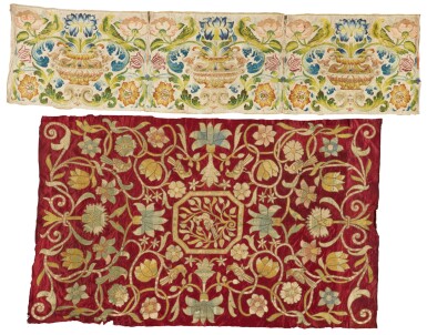 View full screen - View 1 of Lot 250. TWO EMBROIDERED FLORAL SILK PANELS, ITALIAN OR SPANISH, 17TH CENTURY.