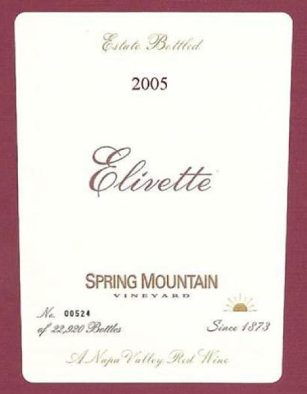 View full screen - View 1 of Lot 244. Spring Mountain Vineyard, Elivette, Red Table Wine, Spring Mountain District 2005 (12 BT).