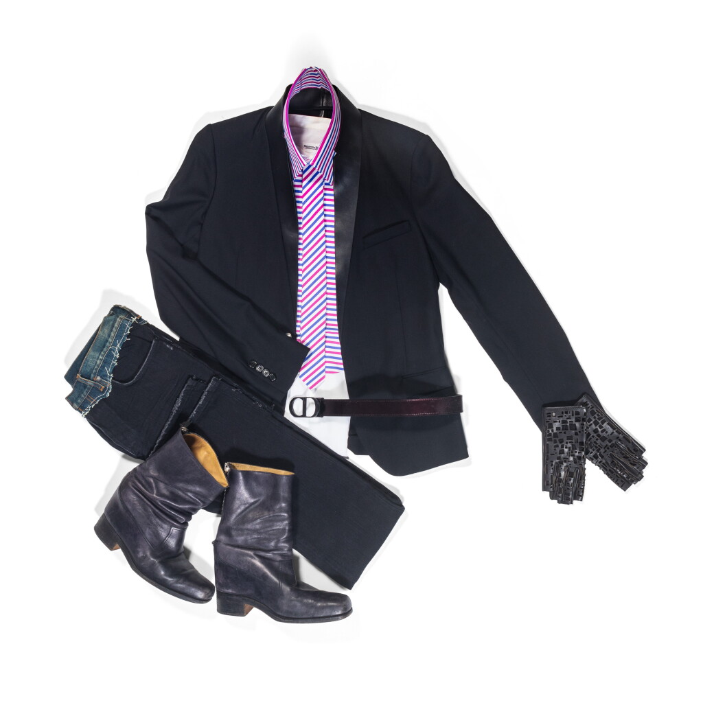 View full screen - View 1 of Lot 49. Karl Lagerfeld’s Total Look 5 "London Calling" : Dior, Black Blazer, Jeans and Belt; Hilditch & Key, Matching Red and Blue Stripes Shirt, Tie and Collar; Chanel Gloves & Leather Boots.