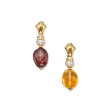 View full screen - View 1 of Lot 454. Pair of Citrine, Tourmaline, Cultured Pearl and Diamond Pendant-Earclips.