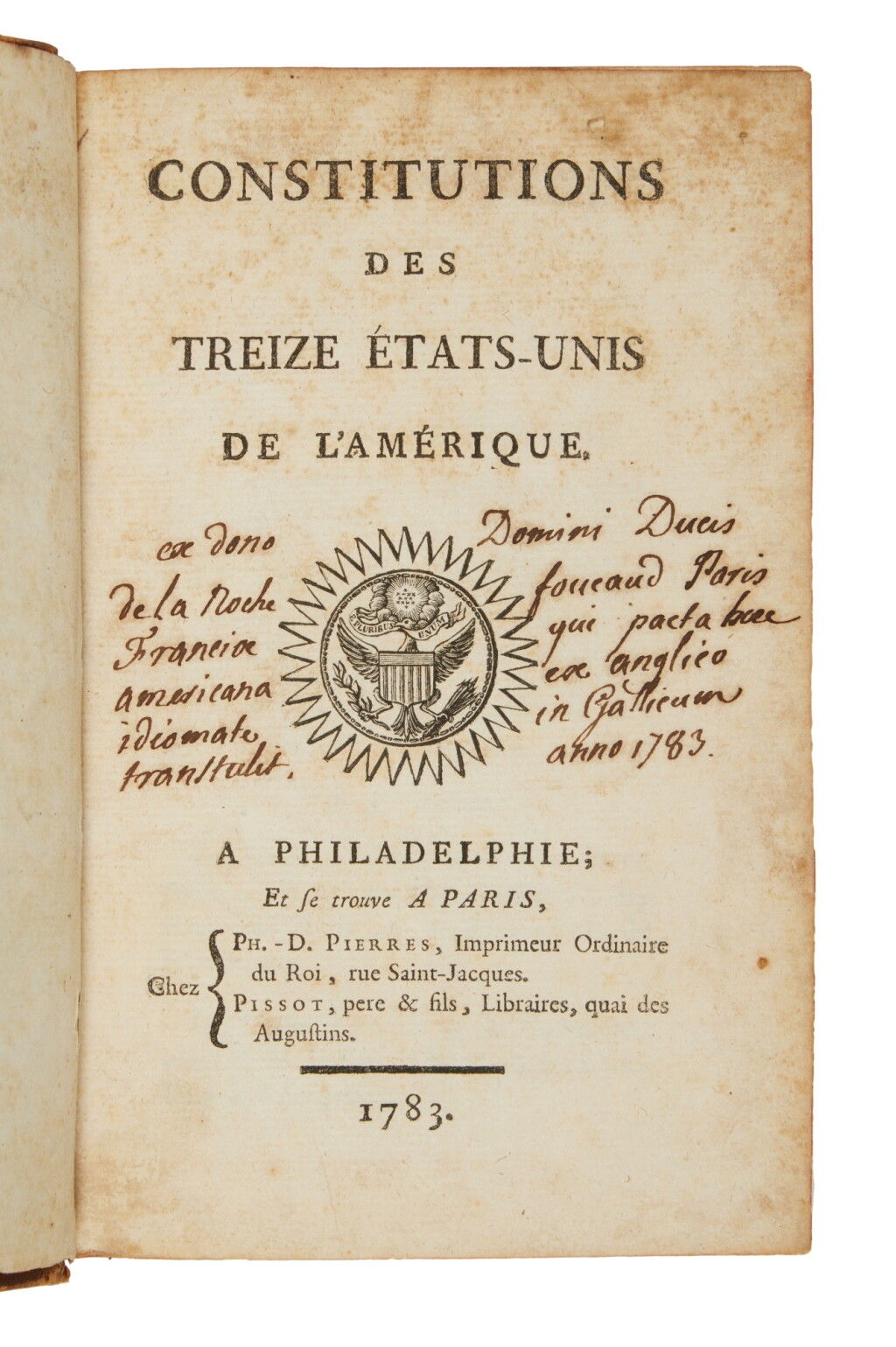 View full screen - View 1 of Lot 1123. (Constitutions of the United States) | A presentation copy from the translator.