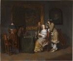 Elegant company playing cards in an interior, with a half-draped painting of Venus and Cupid and a portrait of a lady on the wall