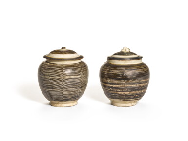 View full screen - View 1 of Lot 153. A pair of cizhou rouletted 'Cizhou' jars and covers, Northern Song Dynasty.