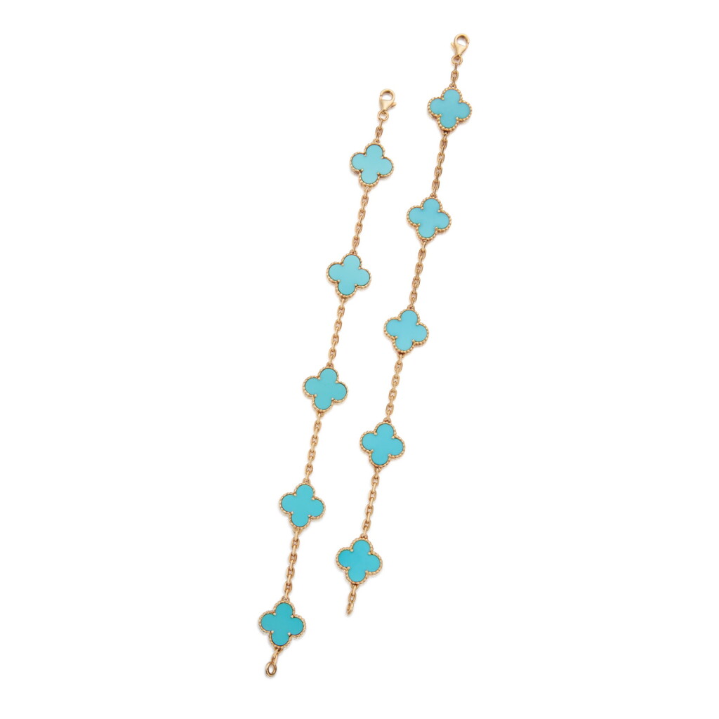 View full screen - View 1 of Lot 19. Two Gold and Turquoise 'Vintage Alhambra' Bracelets, France.