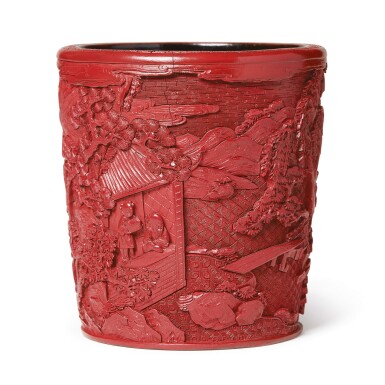 View full screen - View 1 of Lot 633. A CARVED CINNABAR LACQUER 'FIGURAL' BRUSHPOT, QING DYNASTY, QIANLONG PERIOD.