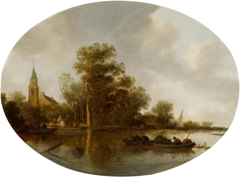 View full screen - View 1 of Lot 29. FRANS DE HULST | A river landscape with fishermen and a church in the background .