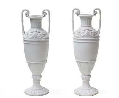 View full screen - View 1 of Lot 124. AN EXCEPTIONAL PAIR OF BISCUIT VASES FROM THE FACTORY OF GILLE JEUNE (1837-1868), PARIS, CIRCA 1865 | EXCEPTIONNELLE PAIRE DE VASES EN BISCUIT DE LA MANUFACTURE DE GILLE JEUNE (1837-1868), PARIS, VERS 1865.