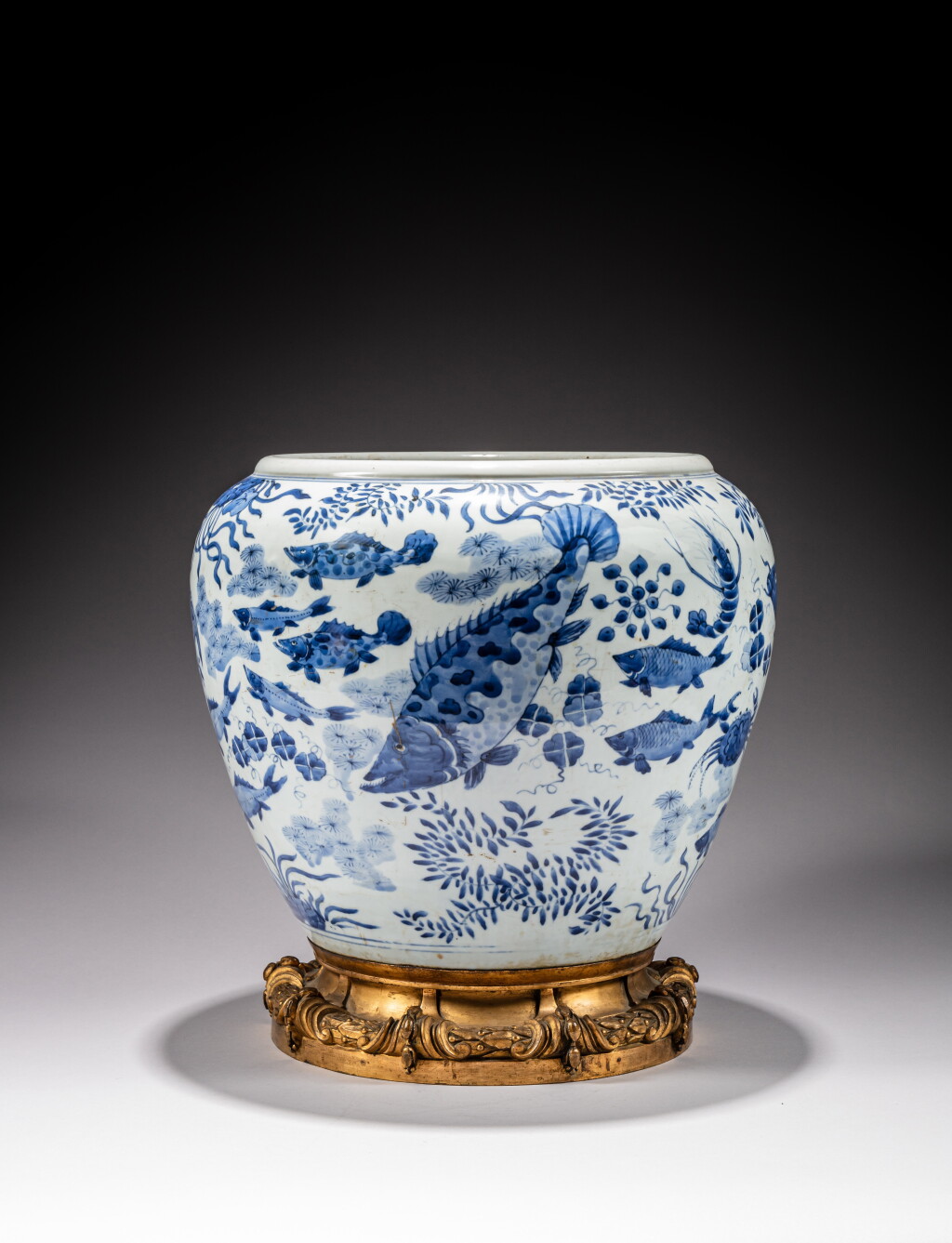 View full screen - View 1 of Lot 199. An ormulu-mounted blue and white 'fish and crab' jar, Ming dynasty, 16th / 17th century .